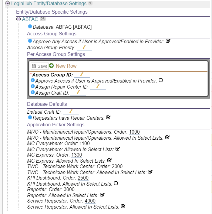 LoginHub Entity slash Database Settings